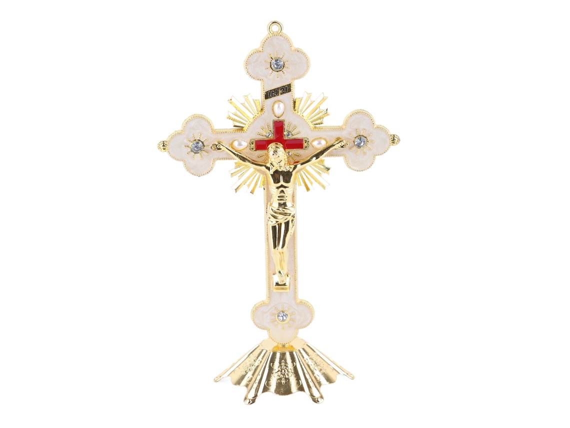 Cruz de metal con diamantes de imitación rojos para el hogar cristiano