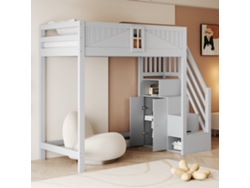 Cama Alta Infantil De Madera, 90x200 Mm, Con Puerta, Ventana Y Escalera Plegable, Color Gris.