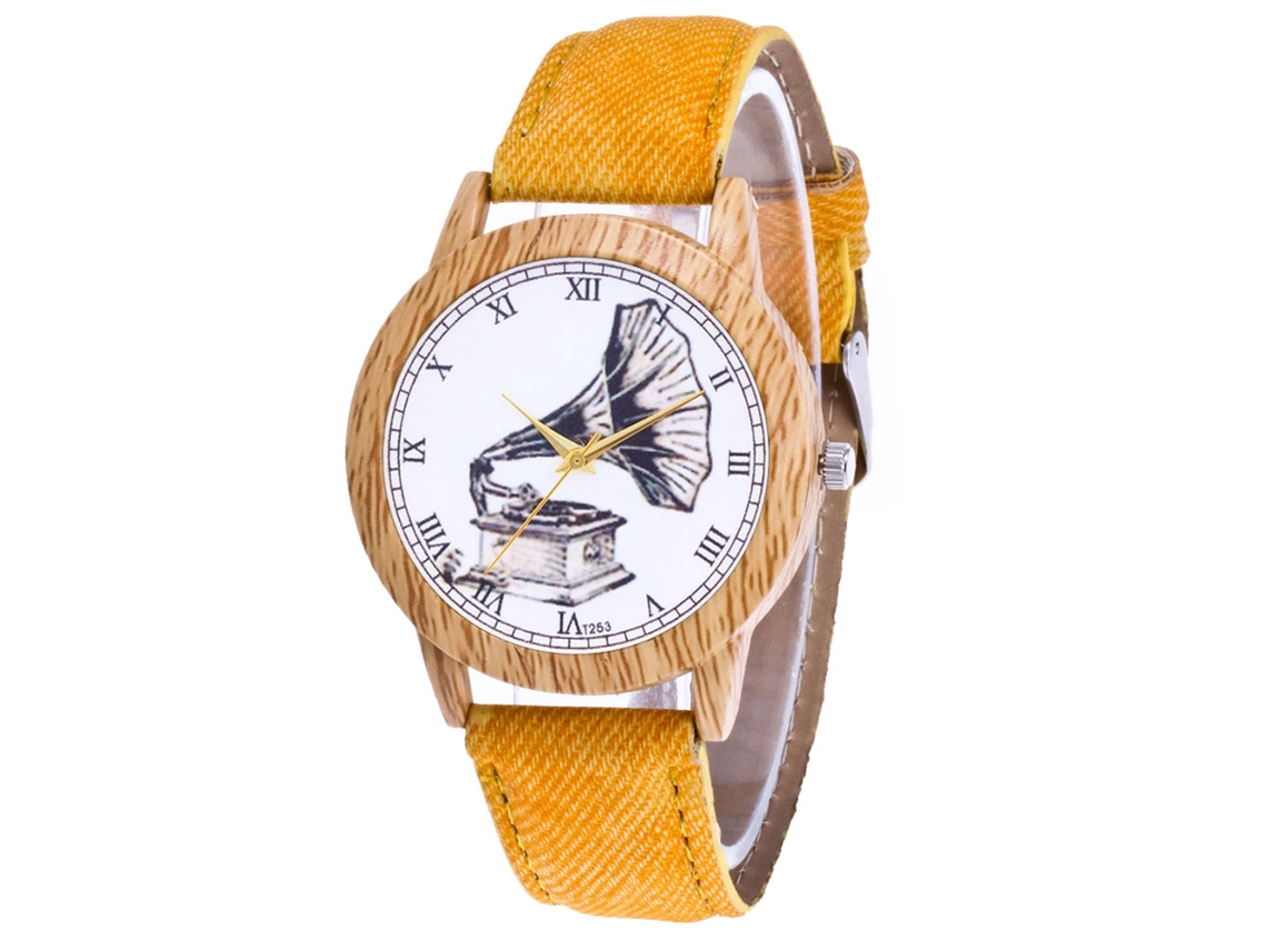 Reloj De Pulsera Unisex Zhoulianfa Con Correa De Tela Vaquera, Estampado De Fonógrafo, Amarillo.