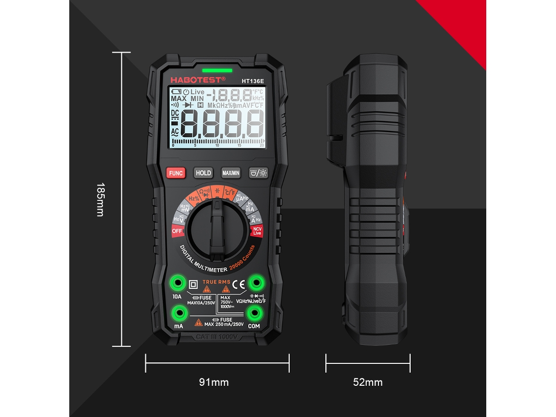 Multímetro Digital Habotest Ht136e, 20000 Cuentas Rms, Comprobador De Voltaje Real, Corriente, Capacitancia, Resistencia, Frecuencia Y Temperatura.