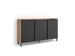 Aparador de comedor, 156x35x91cm, 3 puertas, diseño industrial, LED, negro y roble.