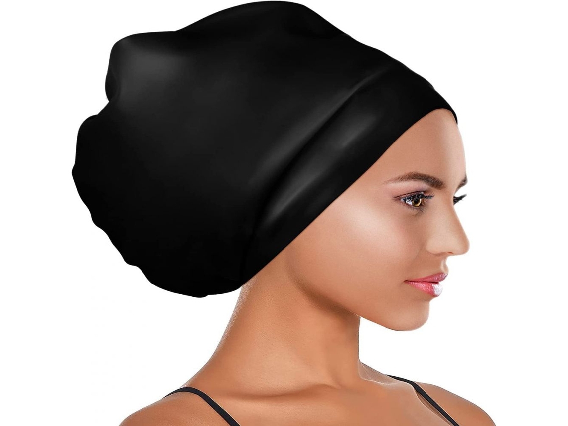 Gorro de natación extragrande, perfecto para cabello grueso y rizado, cómodo gorro de natación de silicona elástica con correas antideslizantes.