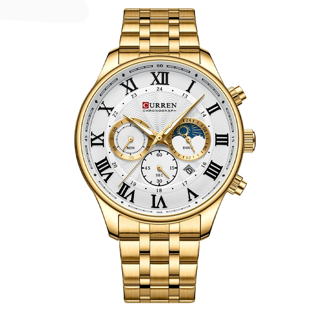 Reloj Cronógrafo Deportivo Dorado Para Hombre, Reloj Luminoso De Acero Inoxidable De Lujo.