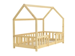 Cama Infantil Tipo Cabaña Con Barandilla Y Somier De Láminas En Madera De Pino Natural 70 X 140 Cm 03_0005487