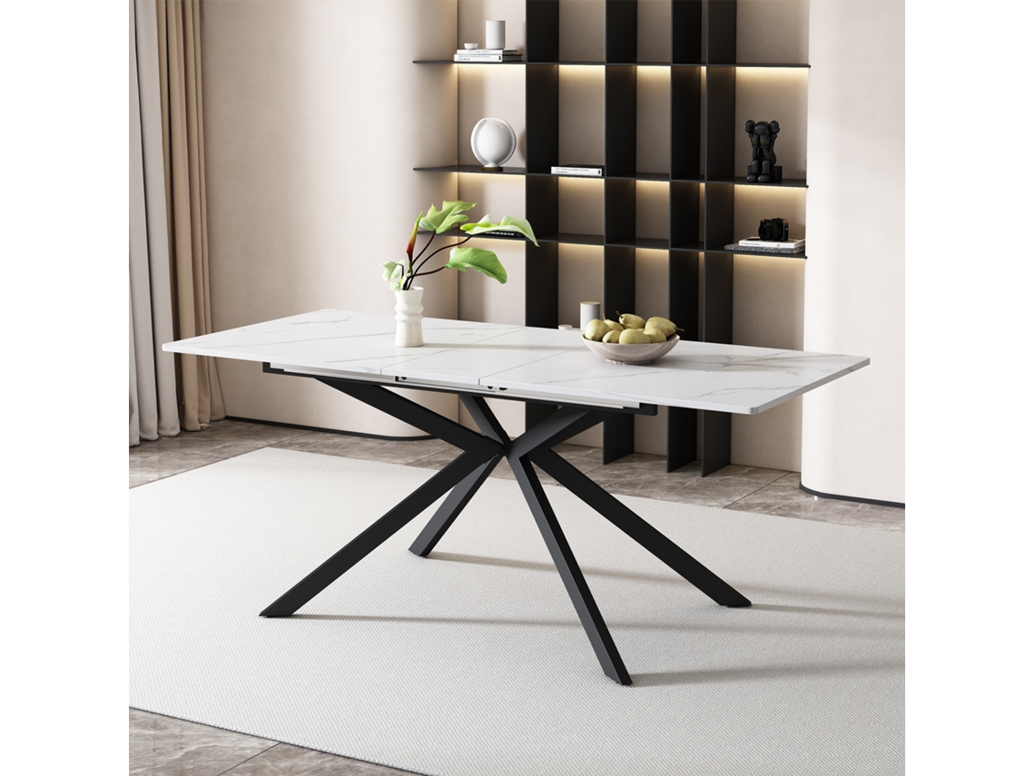 Mesa de comedor extensible, mesa de comedor extensible automática, 150/180 x 70 x 76 cm, diseño de patas cruzadas, textura de mármol.