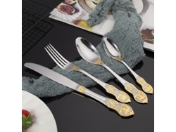 Juego De 4 Cubiertos Tiger De Acero Inoxidable (cuchillo, Tenedor Y Cuchara) Con Baño De Oro Y Relieve Retro.