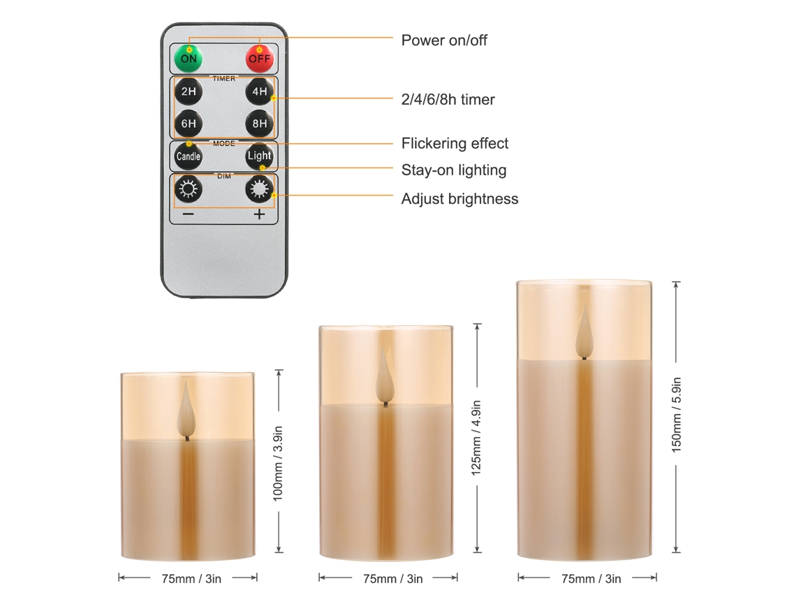 Yncm2026-velas Led Sin Llama Parpadeantes 3 Piezas Con Control Remoto, 2 Modos, 5 Niveles De Brillo, Temporizador, Iluminación Cálida Para Decoración