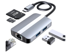Adaptador USB C Hub 5 en 1 multipuerto USB C con USB 3.0 Ethernet RJ45 y lector de tarjetas SD/TF gris Yizhood
