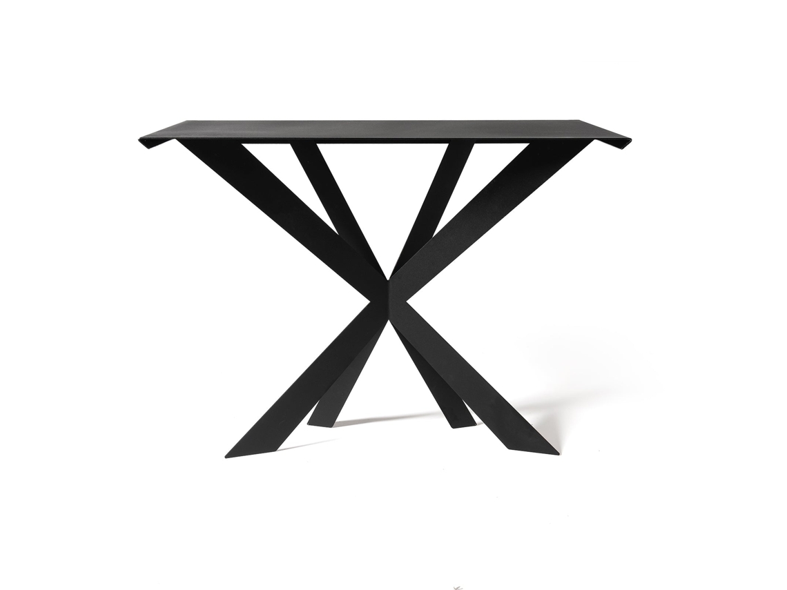 Consola Exsodus Zeus en hierro pintado negro, diseño geométrico perforado, para recibidor o salón, 110 x 35 x 85 cm (ARTI MESTIERI)