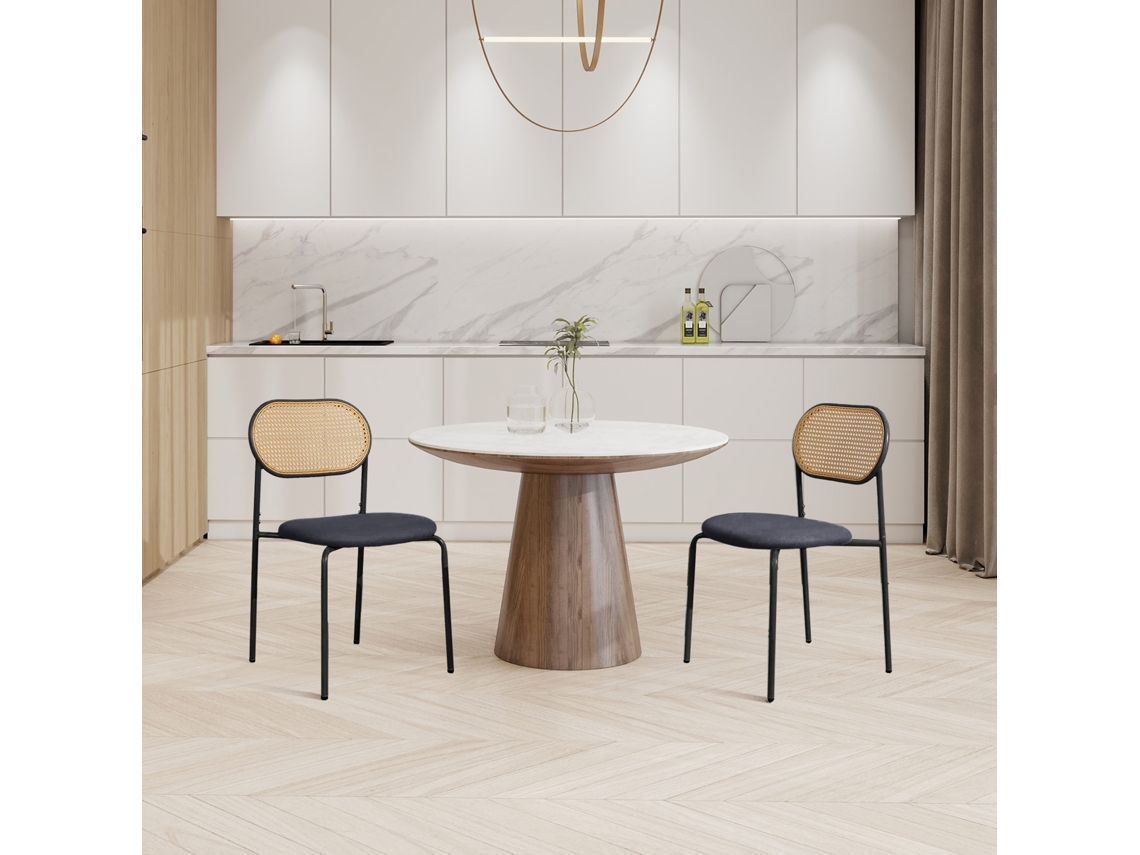 Sillas De Comedor Simurq Juego De 2 Ratán Y Lino Gris 48x44.5x80.5cm Diseño Ergonómico Antideslizante Para Cocina Y Salón