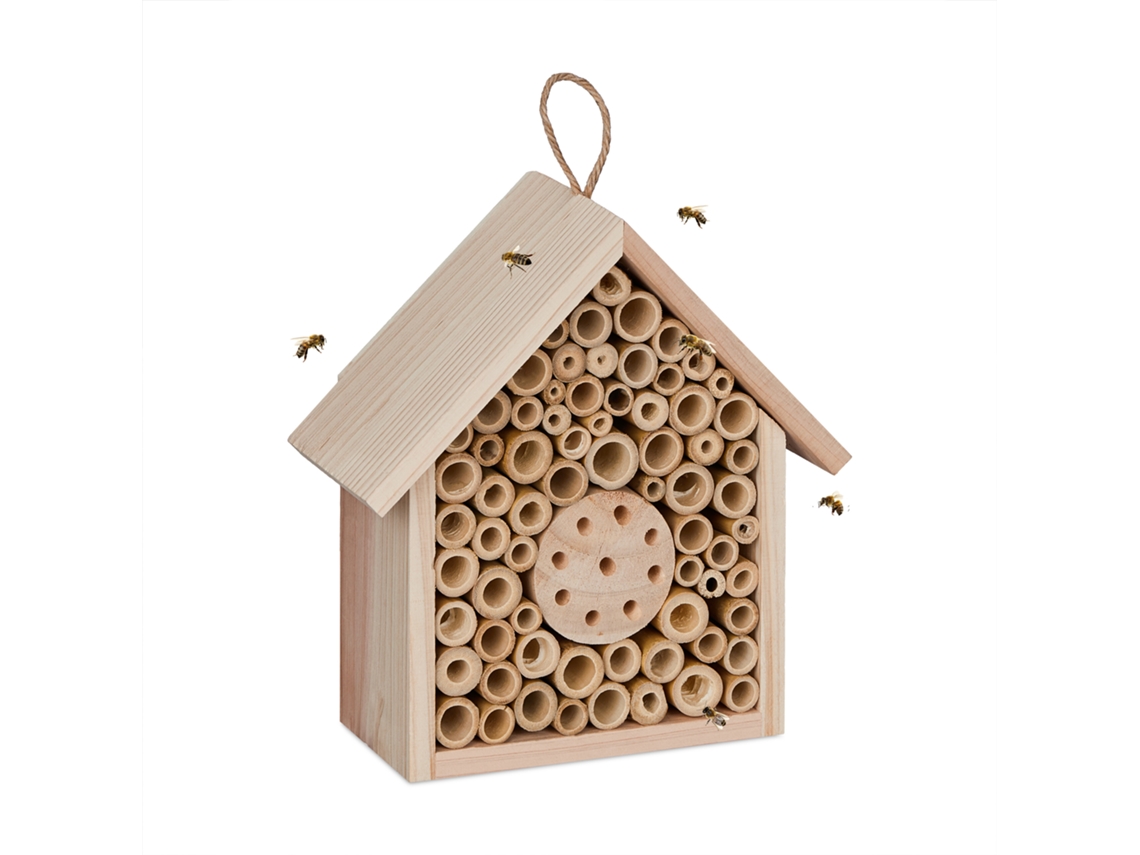 Relaxdays Nido Para Abejas Solitarias, Hotel Para Insectos, Madera, Exteriores, Colgante, 20,5 X 19,5 X 8,5 Cm, Natural