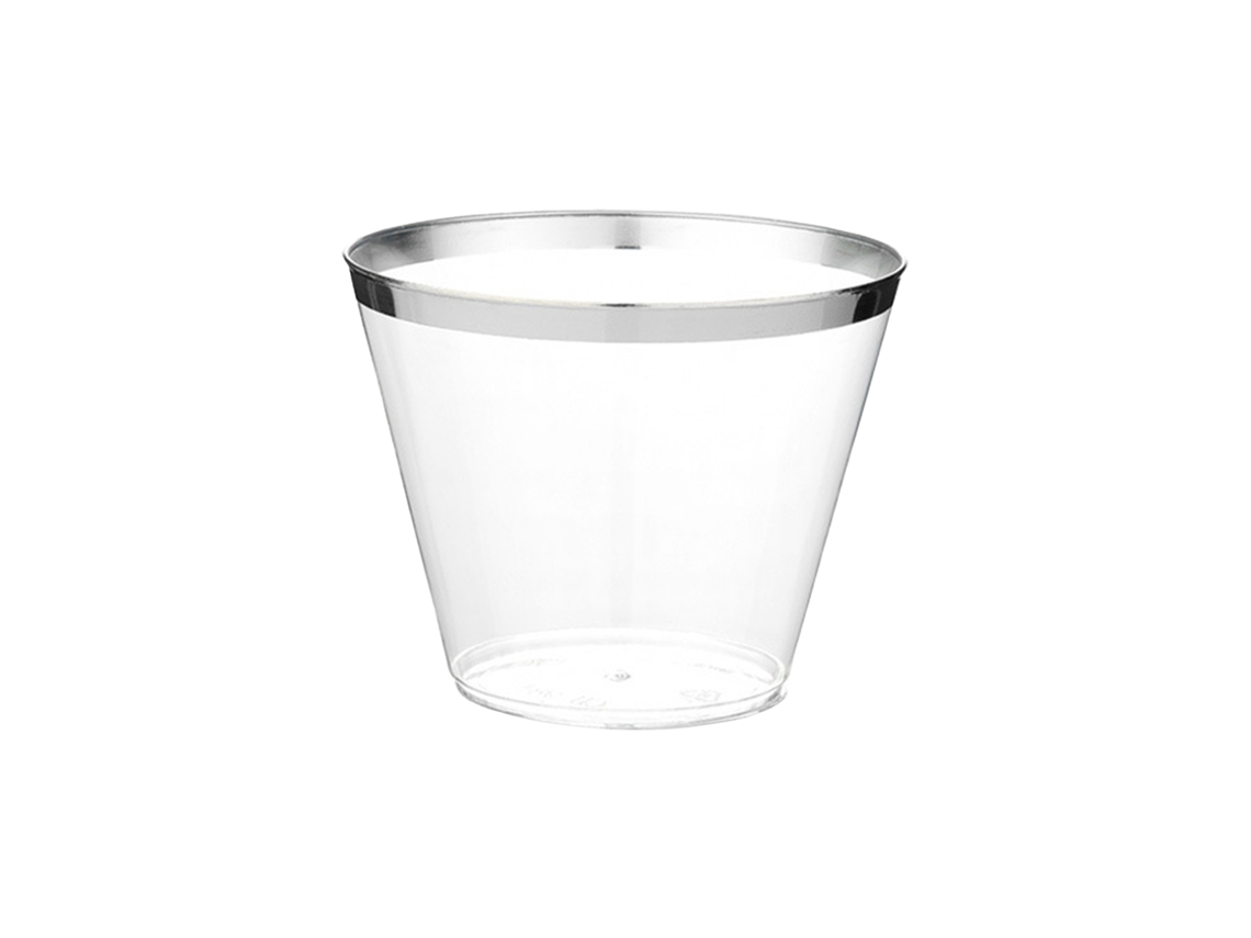 Vasos desechables para cóctel con borde plateado, vasos de plástico de 270 ml con borde negro, bordes cónicos de primera calidad para un agarre fácil.