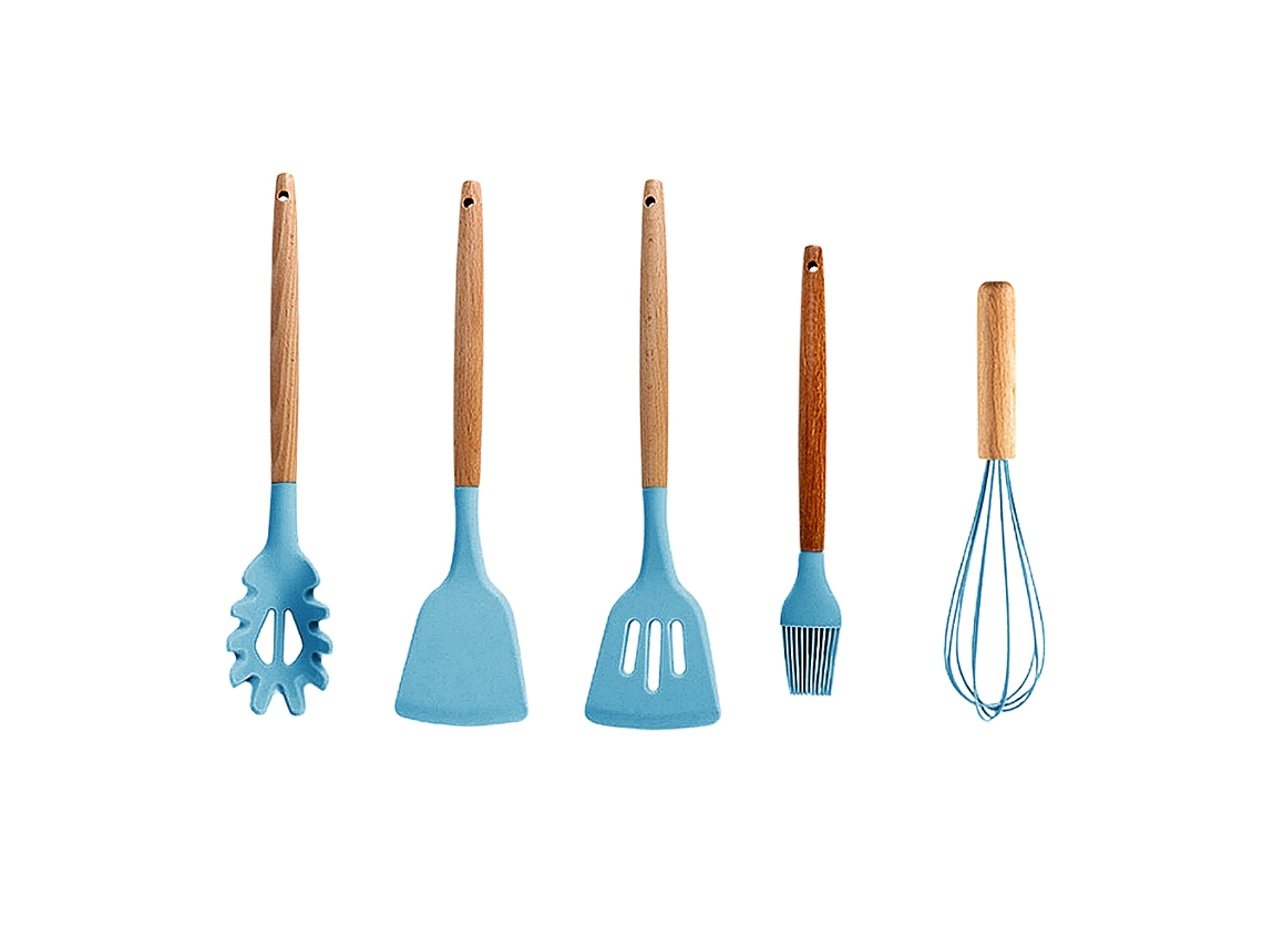 Utensilios De Cocina De Silicona Con Mango De Madera - Juego De 5 Piezas JEIIBRZUI