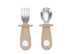 (marrón/gris) Juego De Vajilla Para Bebé, Incluye Cuchara Y Tenedor De Acero Inoxidable, Libre De Bpa.