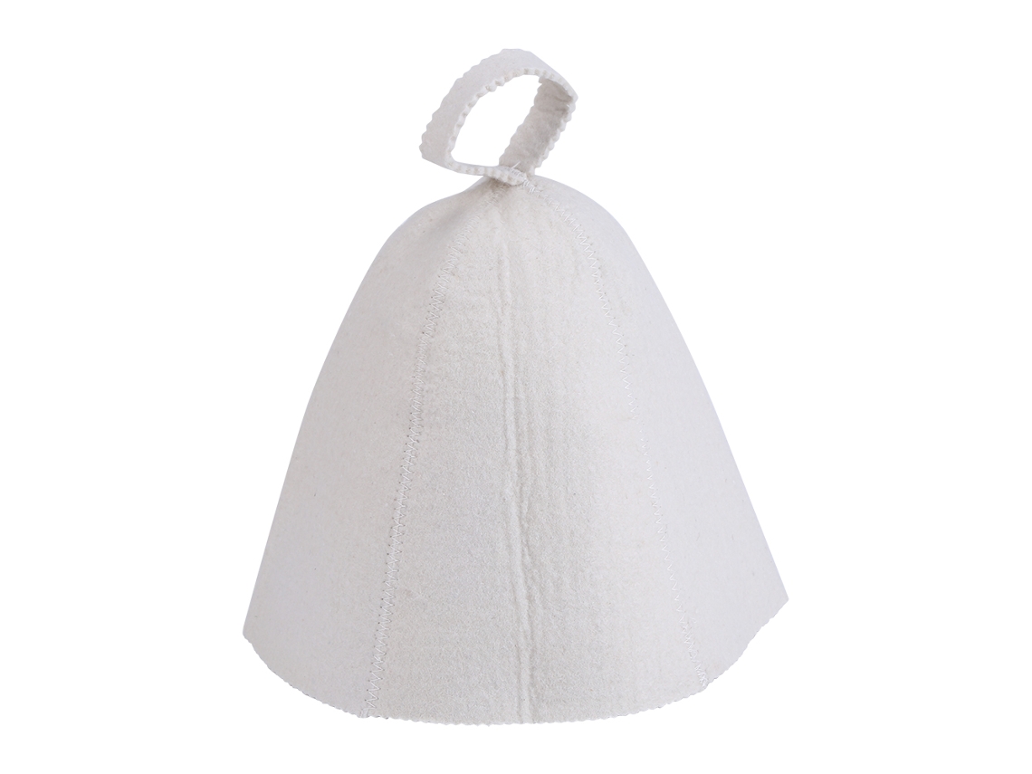 Sombrero de sauna de lana blanca de fieltro para usar en cabinas de sauna rusas con correa para colgar.