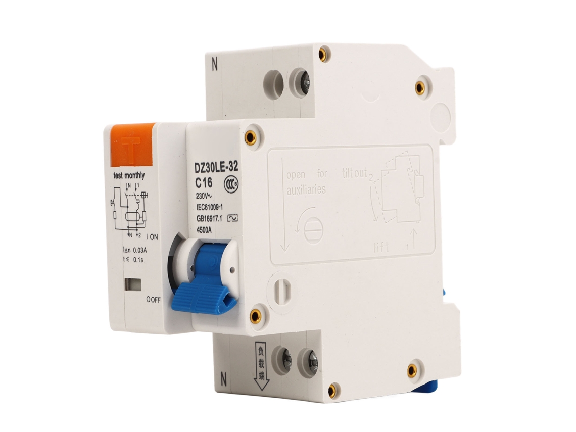 Disyuntor miniatura para montaje en riel DIN, 1P+N, 230 V, 16 A, con protección contra sobrecarga y fugas de corriente.