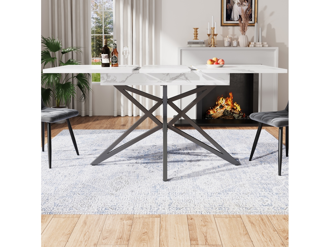 Mesa Extensible 120–160×80 Cm Para Cocina O Desayuno, Patas Estrella De Hierro Negro Y Superficie Blanca De Imitación Mármol/nuez