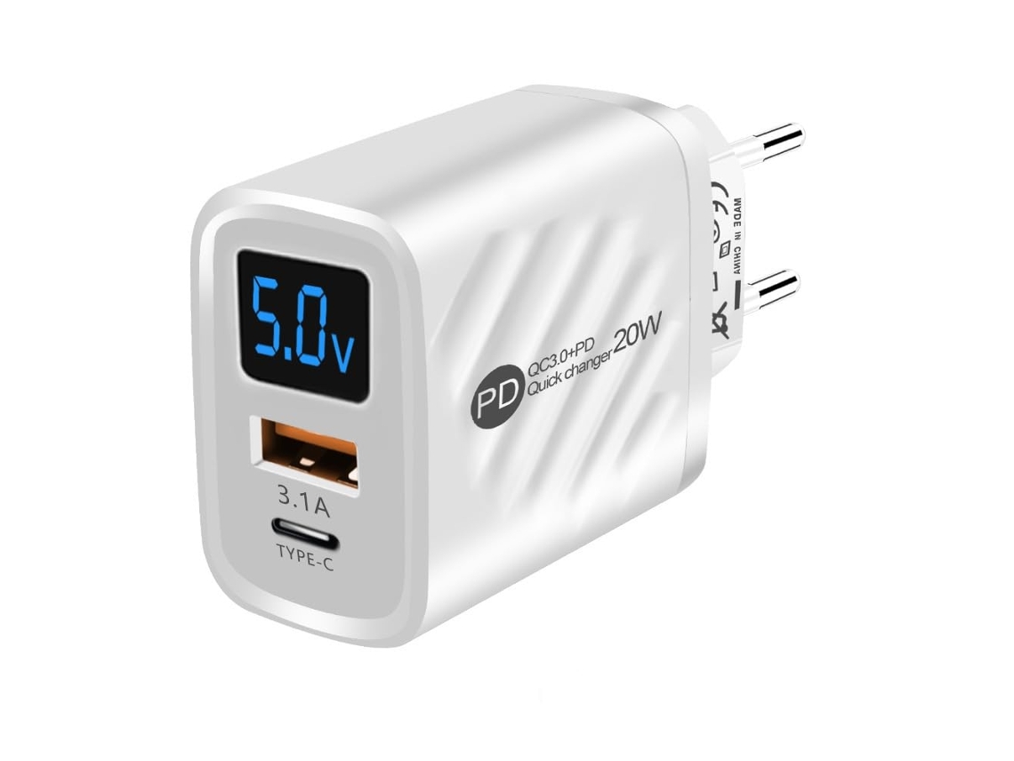 Carregador De Parede Dupla Entrada Usb-c 20w Com Display Led E Pd 3.0, Ideal Para Carregamento Rápido De Celulares.