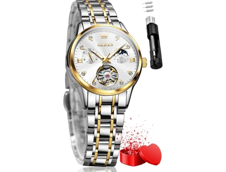 VEANXIN Reloj mecánico delgado impermeable de acero inoxidable dorado y plateado automático para mujer(esfera blanca)