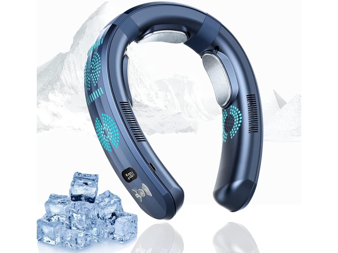 Ventilador de cuello portátil USHION de 6000 mAh, 5 turbos, 3 velocidades, enfriador de aire, color azul