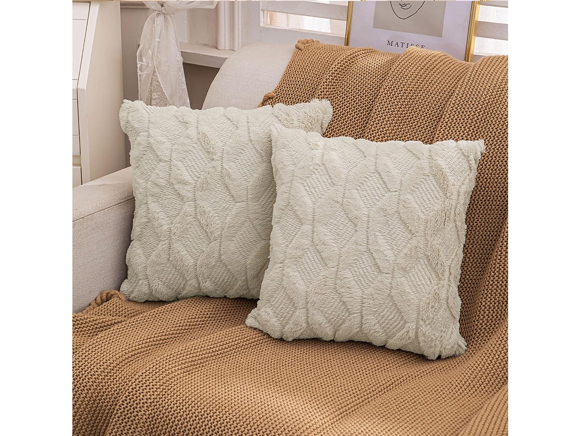 Juego De 2 Fundas De Cojín De Lana Beige De 40x40 Cm Con Cremallera Oculta