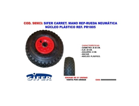 Sifer carret.mano rueda neumat nucleo plastico 260x75mm eje 20