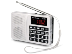 Radio portátil pequeña, recargable por la red eléctrica, AM, OM/SO/FM, con altavoz de graves potentes, botones y pantalla grandes. Almacena emisoras Yizhood.