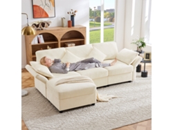 Sofá Esquinero L 4 Plazas - Convertible Con Reposabrazos Ajustables, 4 Cojines, Tejido Chenilla - Beige