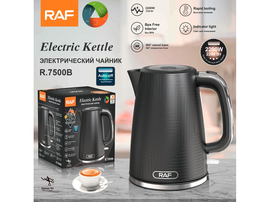 Hervidor eléctrico con interior de acero inoxidable, estándar europeo, 1,7 L, calentamiento rápido y apagado automático. Mdug (negro)