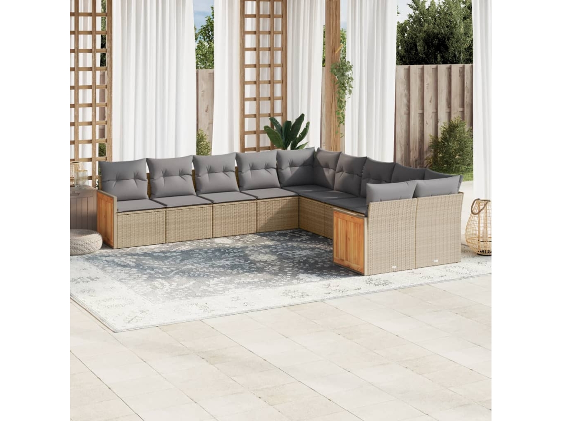 Conjunto de sofá de jardín de 10 piezas con cojines, mimbre sintético beige, Dkd Home Decor