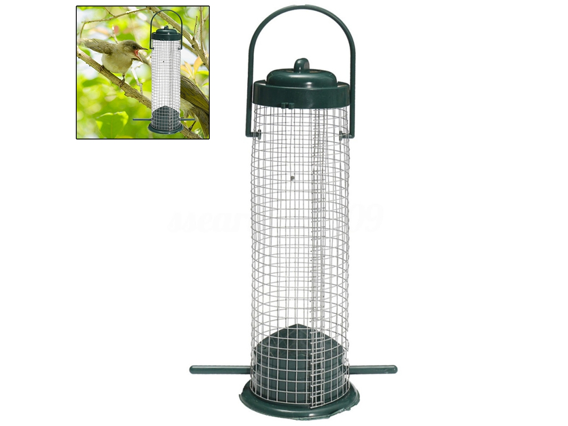 Comedero De Plástico Para Pájaros Con Rejilla De Alambre Para Colgar En El Jardín Exterior.