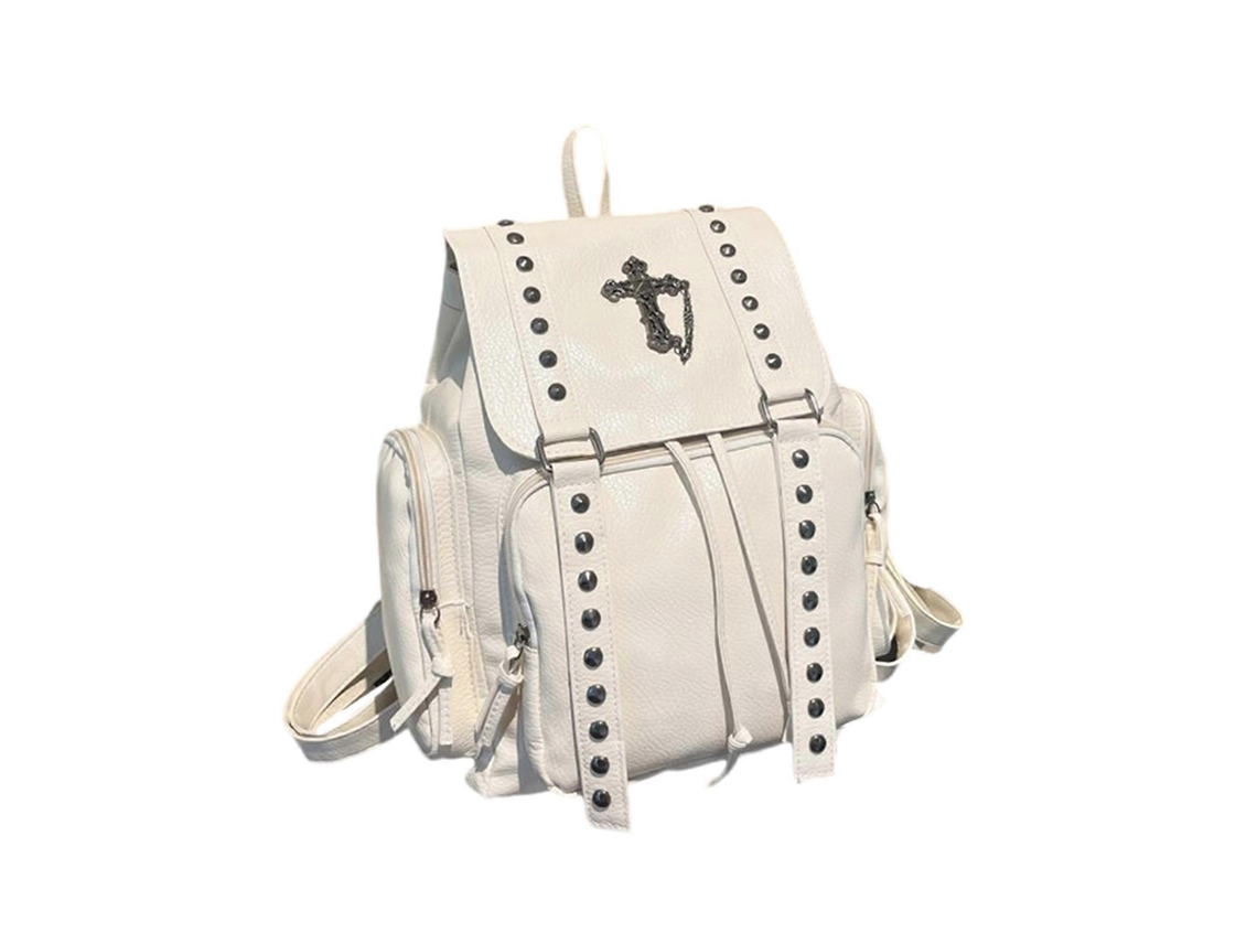 Mochila moderna de piel sintética con remaches, ideal para el colegio, de gran capacidad, estilo informal y para uso diario. Blanca.
