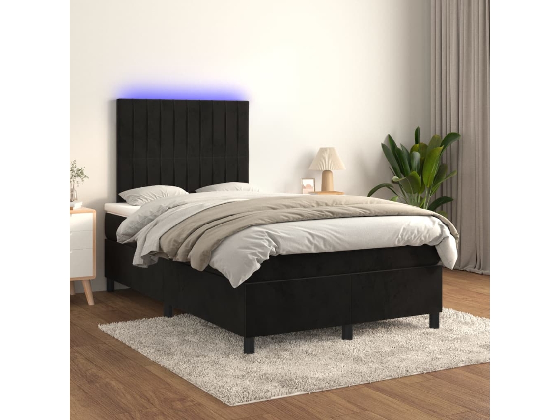 Cama Box Spring Colchón Y Led Terciopelo Negro 120x200 Cm