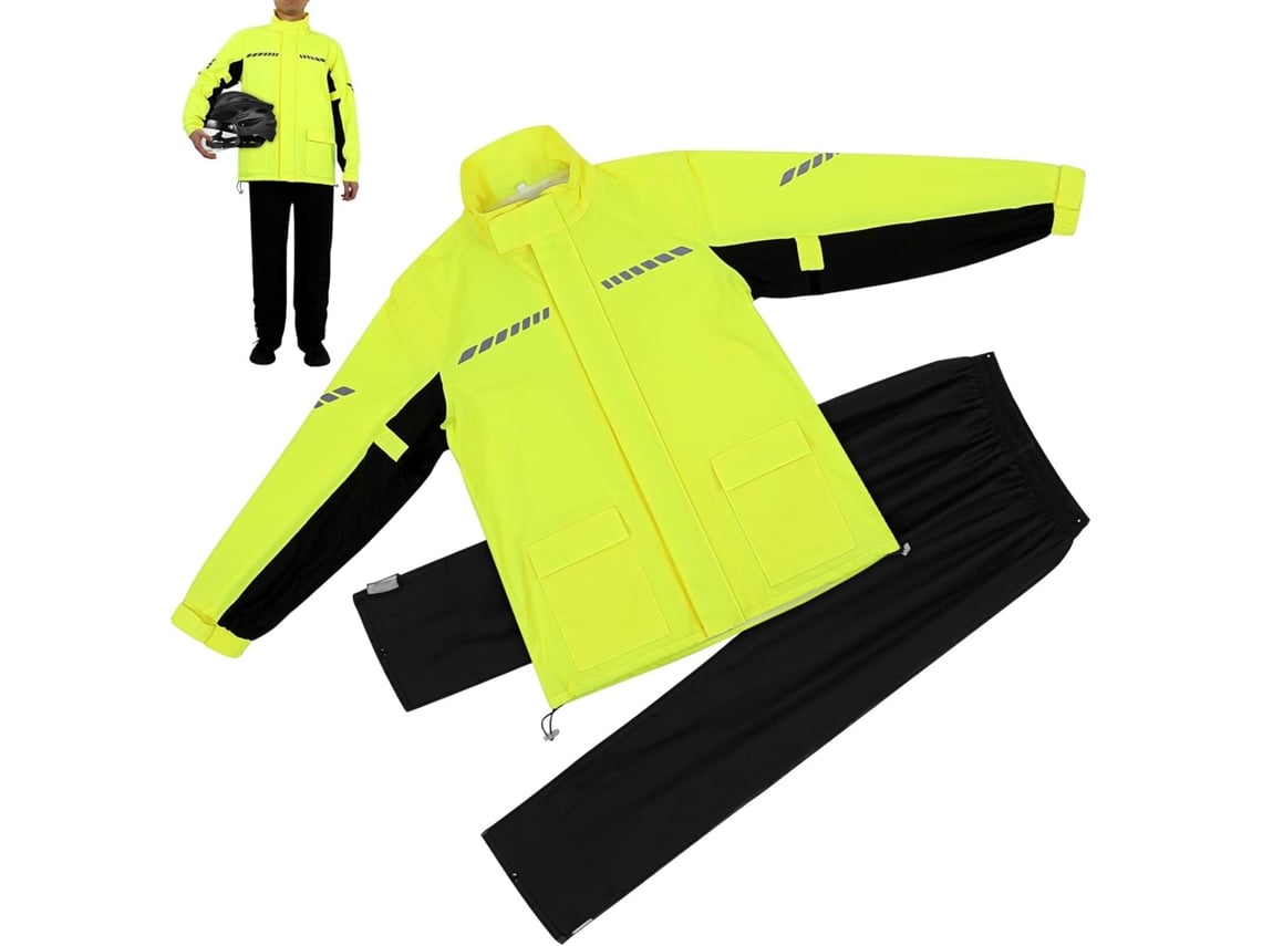 Traje impermeable para hombre con chaqueta y pantalón de lluvia, detalles reflectantes y cubrezapatos incluidos.