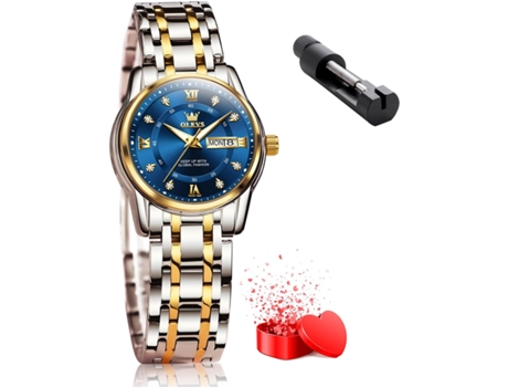 VEANXIN Reloj mecánico automático de lujo para mujer Reloj impermeable con fase lunar de diamantes(Plata y oro con esfera azul.)