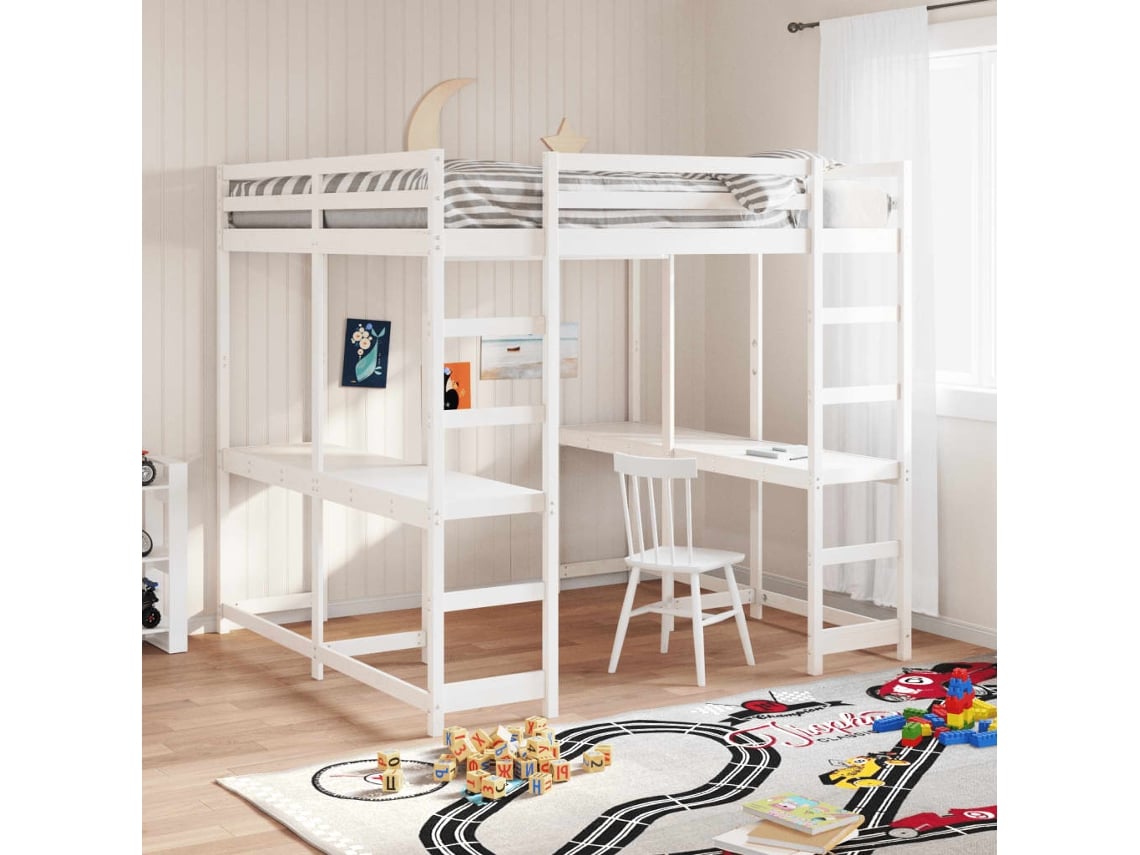 Cama Alta Con Escritorio Y Escalera Madera Blanca 160x200 Cm