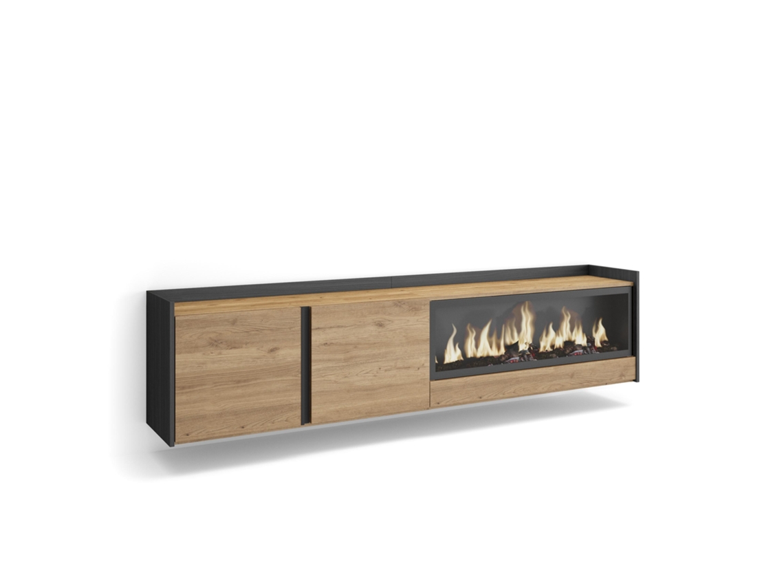 Mueble para TV, 212x35x50cm, para televisores de hasta 80'', chimenea eléctrica XXL, montaje en pared, roble y negro.