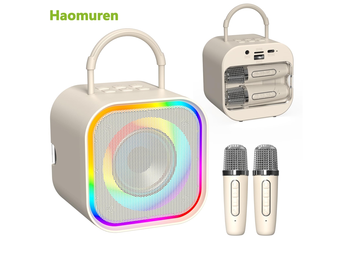 Mini máquina de karaoke con altavoz Bluetooth y dos micrófonos portátiles. Mdug (beige con dos micrófonos).