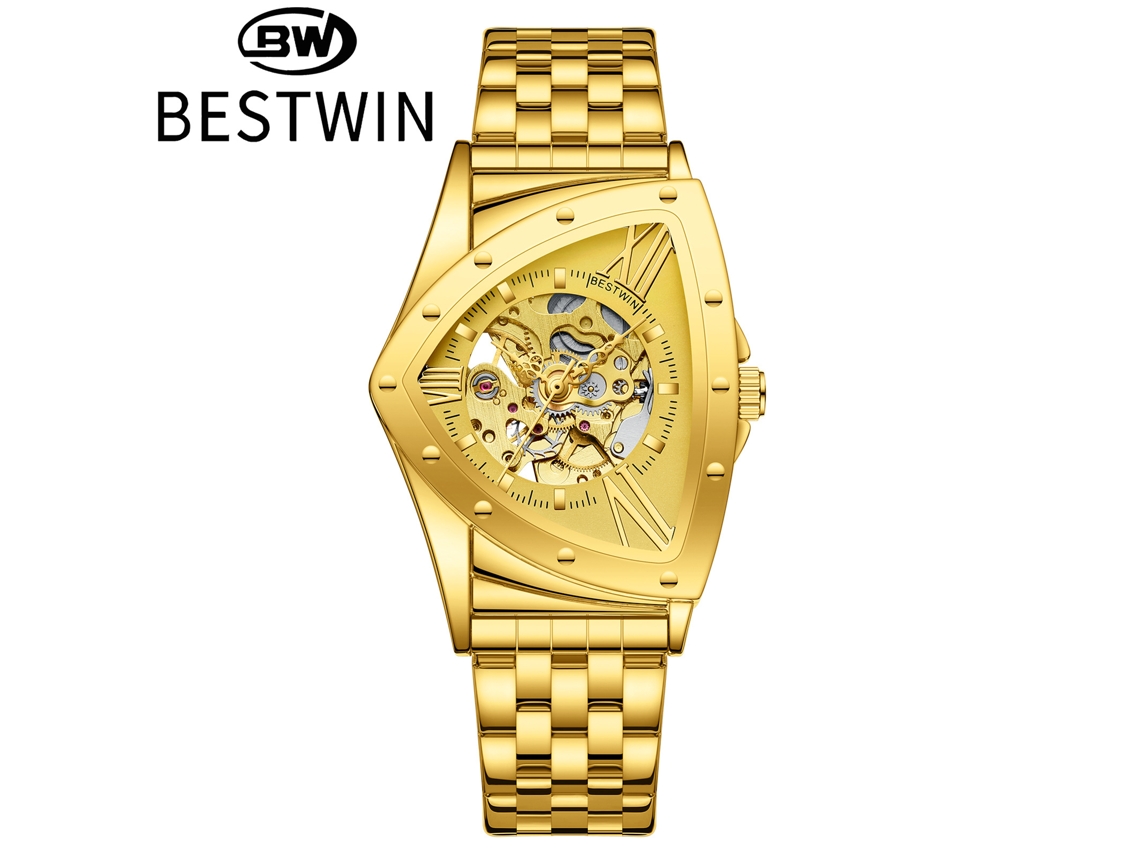 Reloj Mecánico Triangular Esqueletizado Para Hombre (oro)