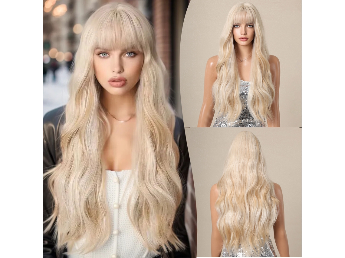Peluca Larga Rizos Rubio Con Flequillo Para Cosplay De Mujer