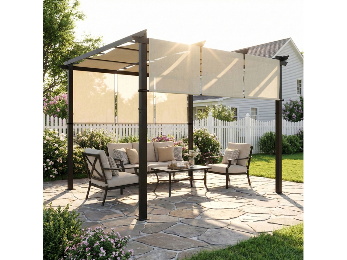 Gazebo Externo De 3x3m Com Teto Deslizante, Estrutura De Aço Impermeável E Resistente Aos Raios Uv Para Terraço Ou Pátio, Bege.