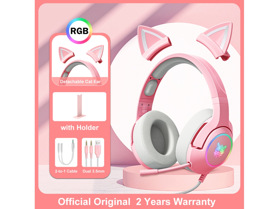 ONIKUMA K9 Pink Cat Ear Auriculares con RGB LED Light Flexible Mic Gaming Headset 7.1 Surround Computer Earphones para PC Gamer