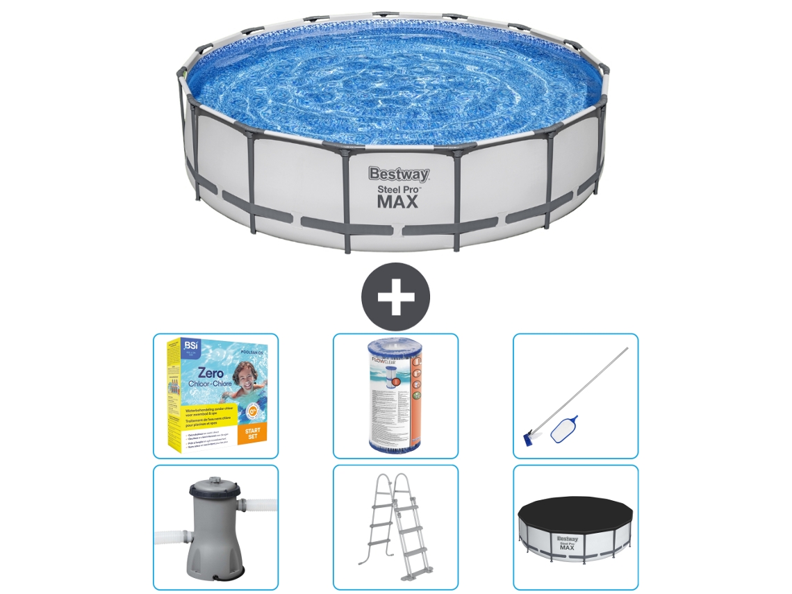 Piscina BESTWAY Round Steel Pro MAX - 457 x 107 cm - Gris - Incluida bomba - Escalera - Cobertor Paquete de mantenimiento - Filtrar - kit de limpieza