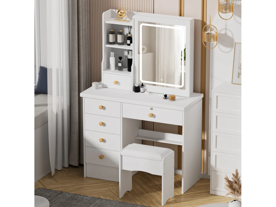 Tocadores Para Dormitorio Led - Biplut - 6 Cajones - Taburete Acolchado - Tres Modos De Iluminación - Estilo Moderno - Blanco - 80 X 132 X 36 Cm