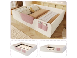 Cama Tapizada En Terciopelo Beige, De 140x190 Cm, Con Barandilla De Seguridad Extraíble.