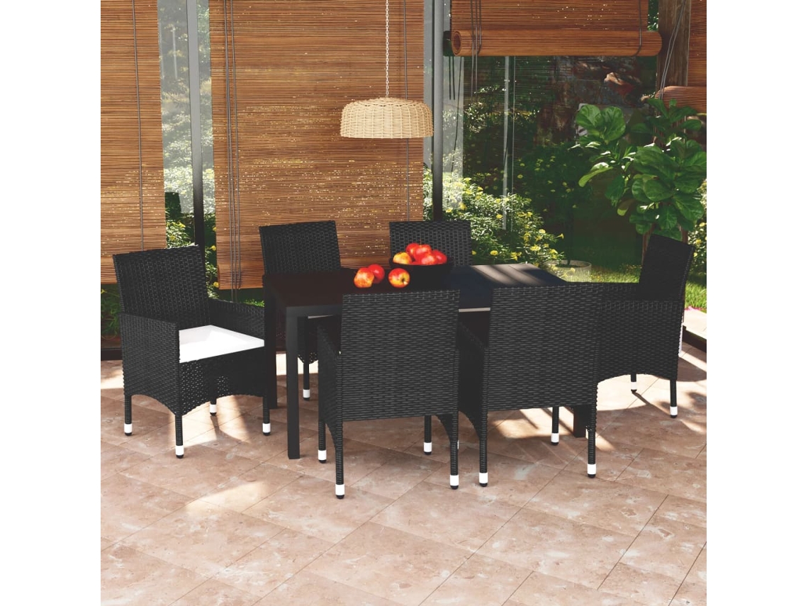 Juego de comedor de jardín de 7 piezas con cojines, mimbre sintético negro, DKD Home Decor