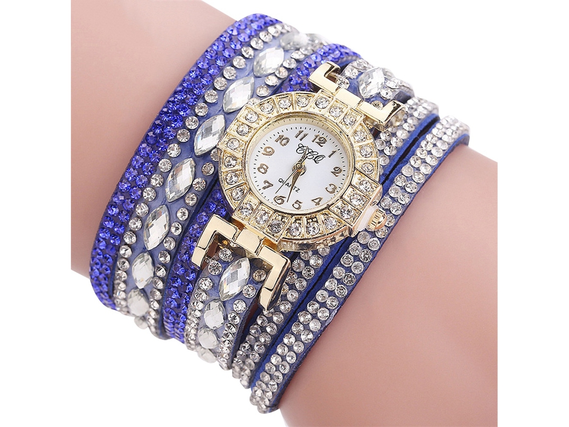 Reloj De Pulsera De Cuarzo Para Mujer Con Diamantes De Imitación En Múltiples Capas De Terciopelo Azul.