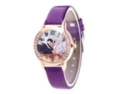 Reloj De Cuarzo Morado Con Correa De Cuero Y Esfera Decorada Con Diamantes De Imitación Para Niñas.