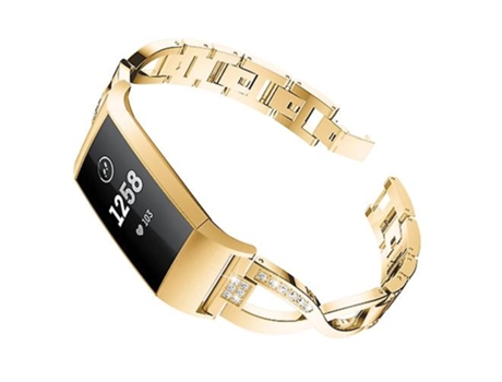 Pulsera con banda de reloj de acero y metal con tachuelas de diamantes en forma de X para Fitbit Charge 3 Gold VENISYMLIS