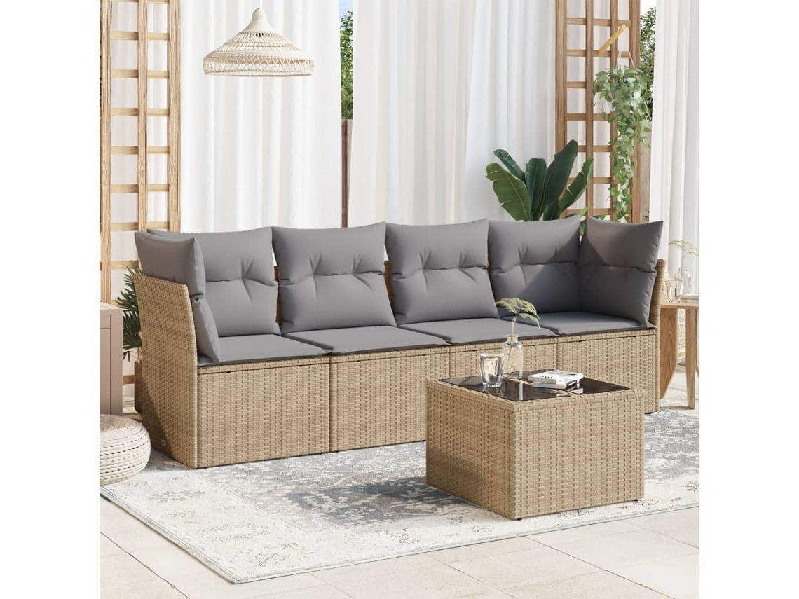 Conjunto de sofá de jardín de 5 piezas con cojines, mimbre sintético beige, Dkd Home Decor